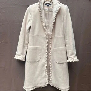 DKNY Classic Winter Off White Long Wool Pea Coat with Ruffles Sz 4 Read Descript